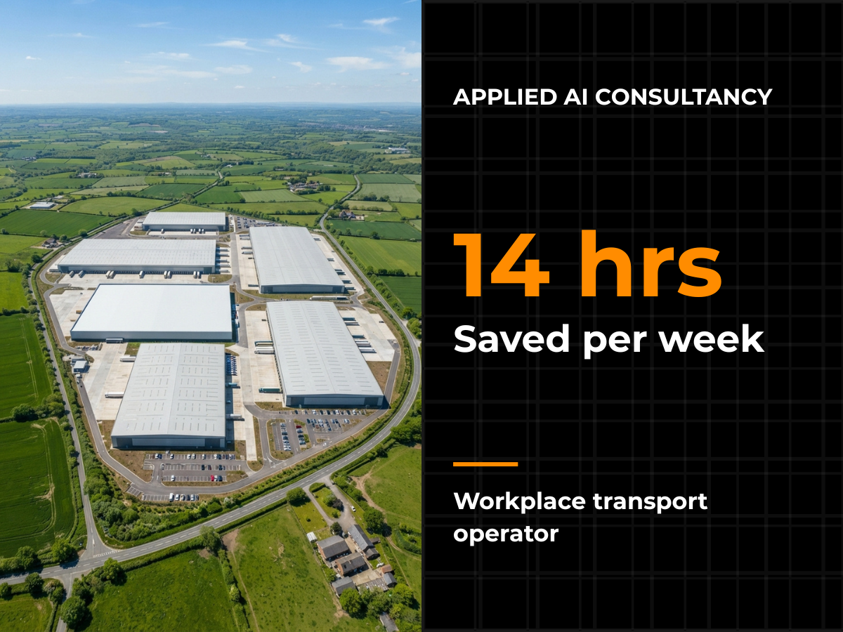 Thumbnail linking to a case study of work for a workplace transport operator, where we saved them 14 hours per week through applied AI consultancy. It features an aerial view of a large warehouse and industrial complex surrounded by green fields. Text overlay reads: Applied AI Consultancy, 14 hrs saved per week, Workplace transport operator.