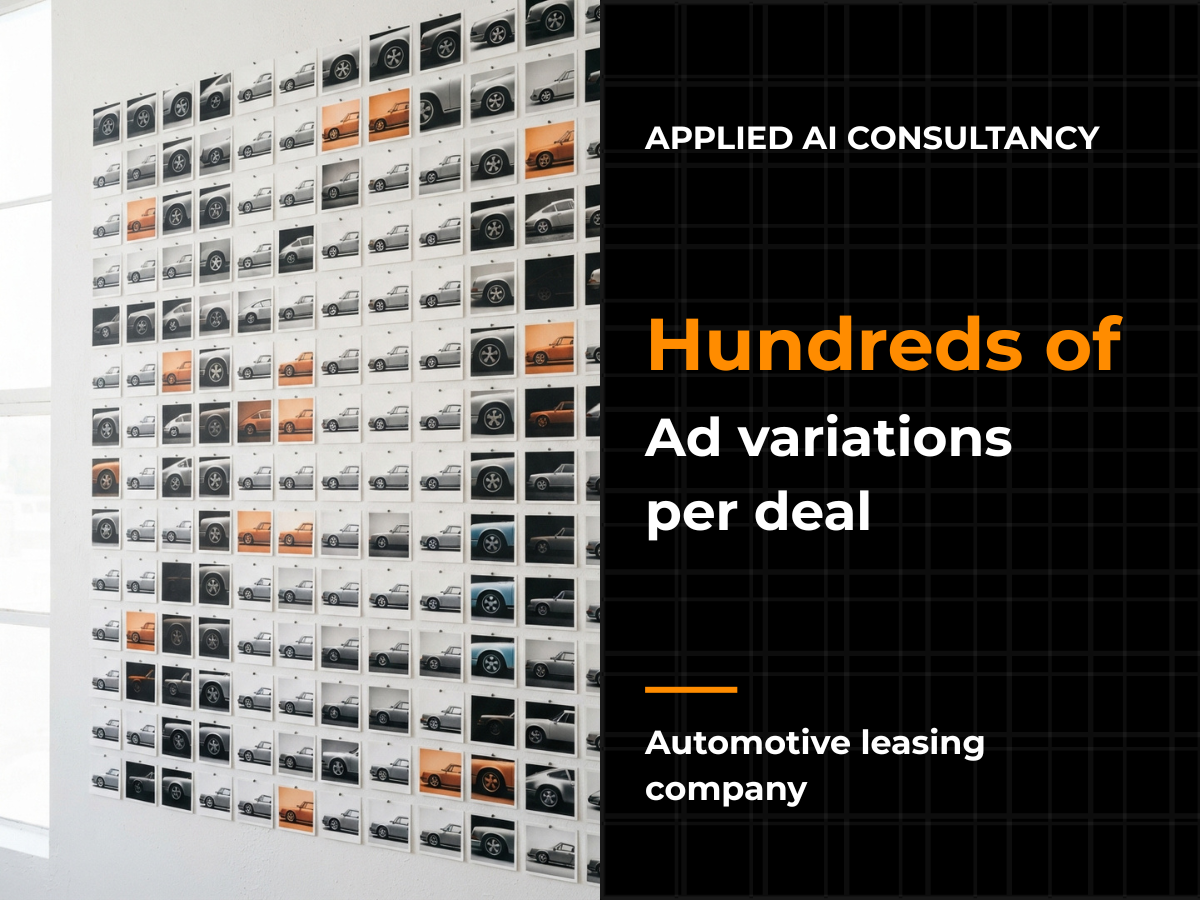 Thumbnail linking to a case study of work for an automotive leasing company, where we generated hundreds of ad variations per deal through applied AI consultancy. It features a wall displaying a large grid of multiple different vehicle and road images. Text overlay reads: Applied AI Consultancy, Hundreds of ad variations per deal, Automotive leasing company.