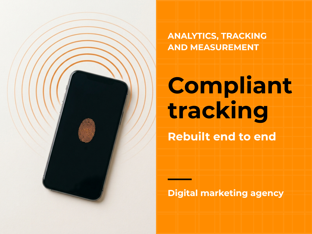 Thumbnail linking to a case study of work for a digital marketing agency, where we rebuilt compliant tracking end to end through analytics, tracking and measurement. It features a black smartphone lying flat on an off-white surface with faint, radiating circular waves around it. Text overlay reads: Analytics, Tracking and Measurement, Compliant tracking rebuilt end to end, Digital marketing agency.