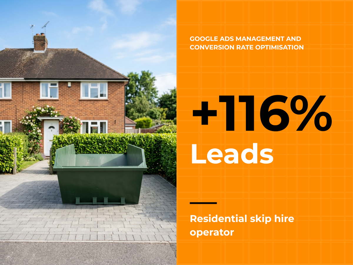 Thumbnail linking to a case study of work for a residential skip hire operator, where we increased leads by 116% through Google Ads management and conversion rate optimisation. It features a two-story brick residential house with a large green skip bin sitting in the paved driveway. Text overlay reads: Google Ads Management and Conversion Rate Optimisation, +116% Leads, Residential skip hire operator.